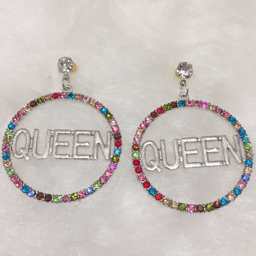 Sassy Multi Color Rhinestone Hoop Queen Earrings